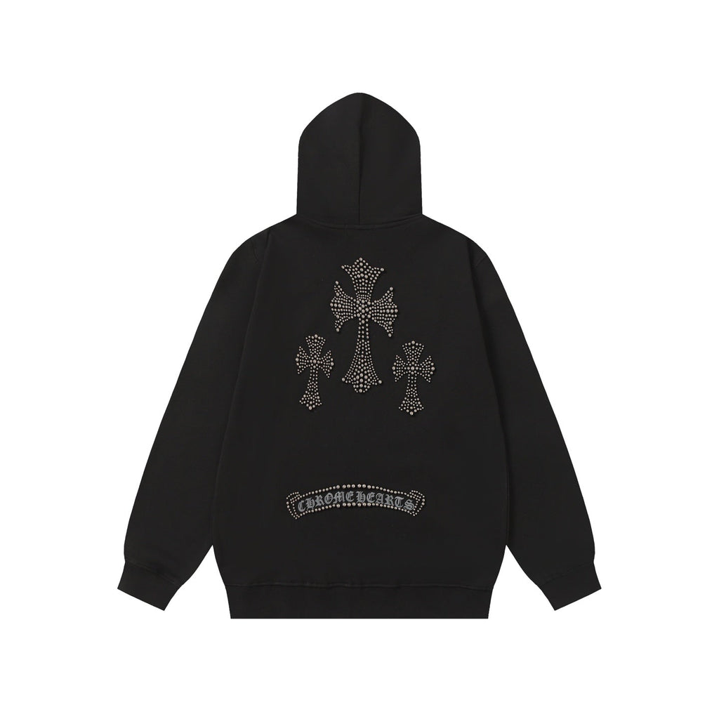 Chrome Hearts Rhinestone Cross Hoodie - Black Gothic Streetwear Sweatshirt 2633