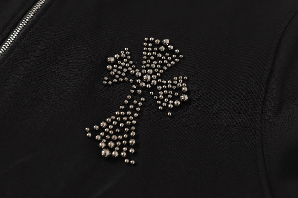 Chrome Hearts Rhinestone Cross Hoodie - Black Gothic Streetwear Sweatshirt 2633