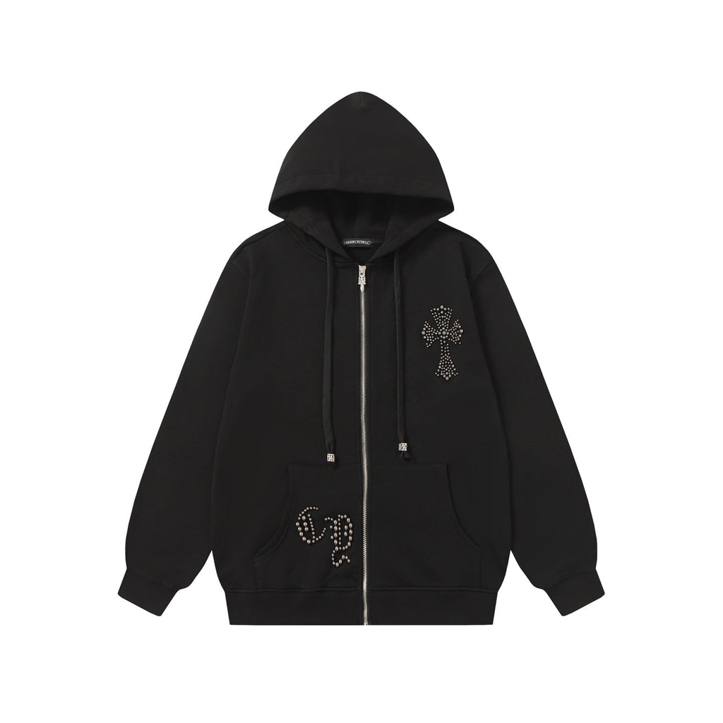 Chrome Hearts Rhinestone Cross Hoodie - Black Gothic Streetwear Sweatshirt 2633