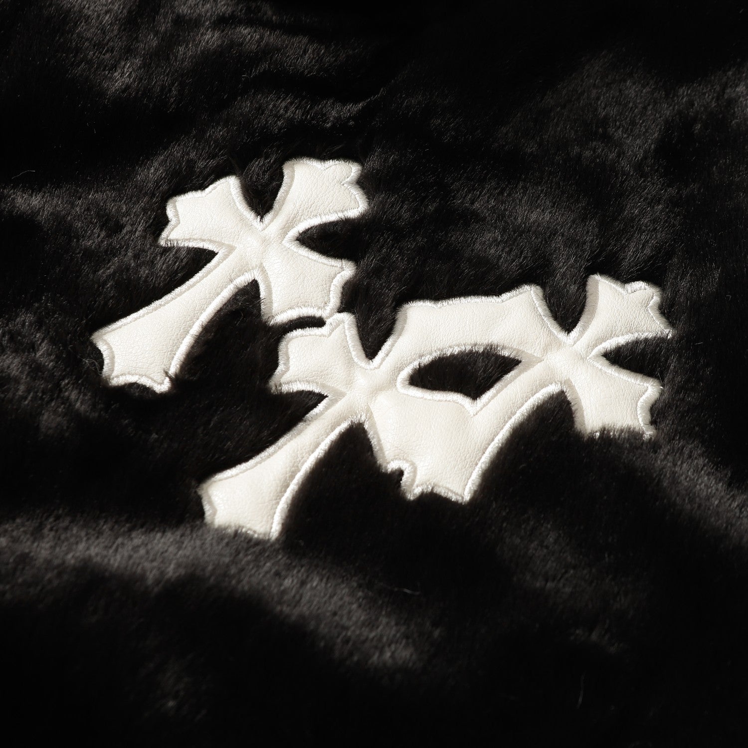 Chrome Hearts Faux Fur Cross Varsity Jacket - Black White Gothic Streetwear 035