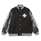 Chrome Hearts Cross Embroidered Leather Sleeve Varsity Jacket - Black Street Style 116
