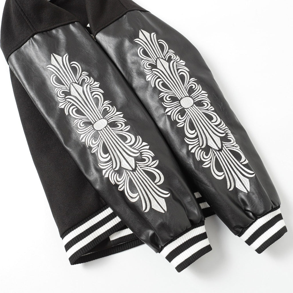 Chrome Hearts Cross Embroidered Leather Sleeve Varsity Jacket - Black Street Style 116