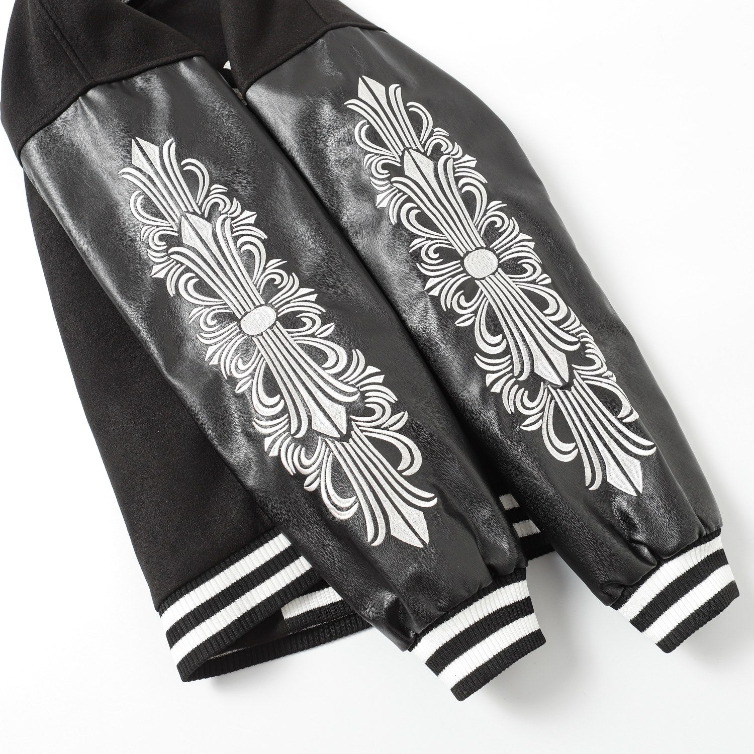 Chrome Hearts Cross Embroidered Leather Sleeve Varsity Jacket - Black Street Style 116
